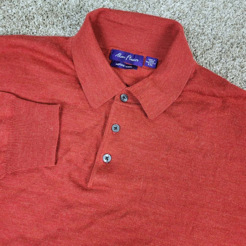 Alan Flusser Mens 2XL Solid Red Stretch Knit Polo Long Sleeve Merino Wool